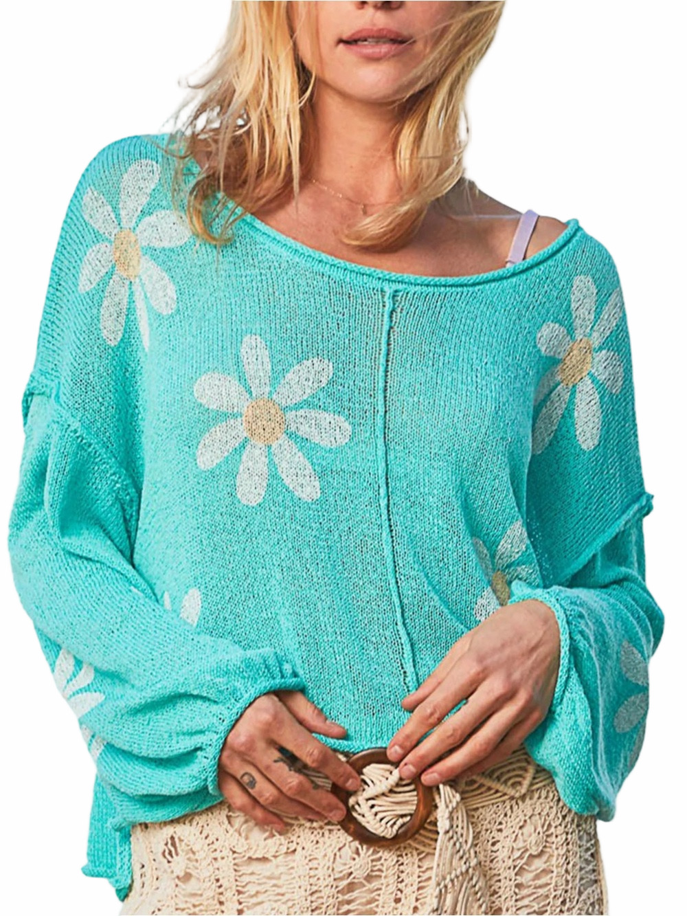 POL Turquoise Daisy Knit Beach Sweater Size M Oversized Lightweight Boho Cottage
